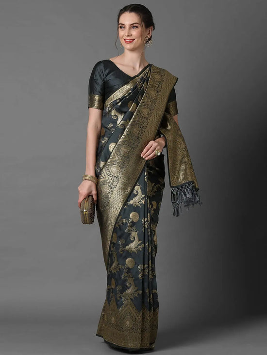 Sareemall Grey Festive Silk Blend Casual Woven Design Saree With Unstitched Blouse