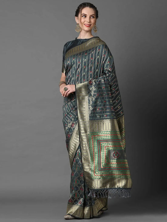 Sareemall Grey Festive Silk Blend Elite Woven Designer Saree With Unstitched Blouse