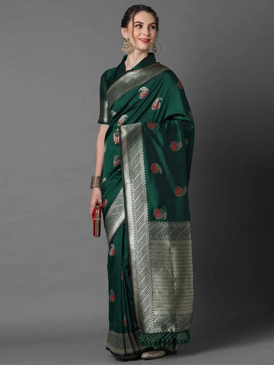 Sareemall Green Festive Silk Blend Woven Design Saree With Unstitched Blouse