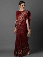 Sareemall Maroon Party Wear Polycotton Embroidered Saree With Unstitched Blouse