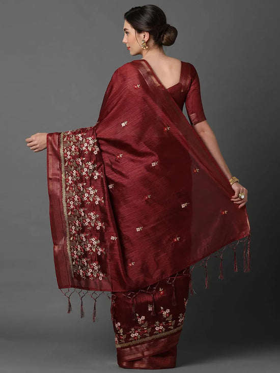 Sareemall Maroon Party Wear Polycotton Embroidered Saree With Unstitched Blouse