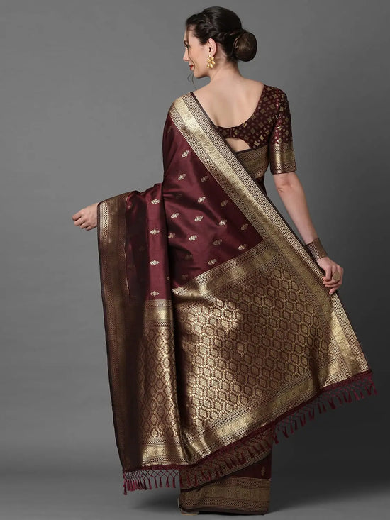 Refined Sareemall Brown Festive Silk Blend Woven Design Saree With Unstitched Blouse