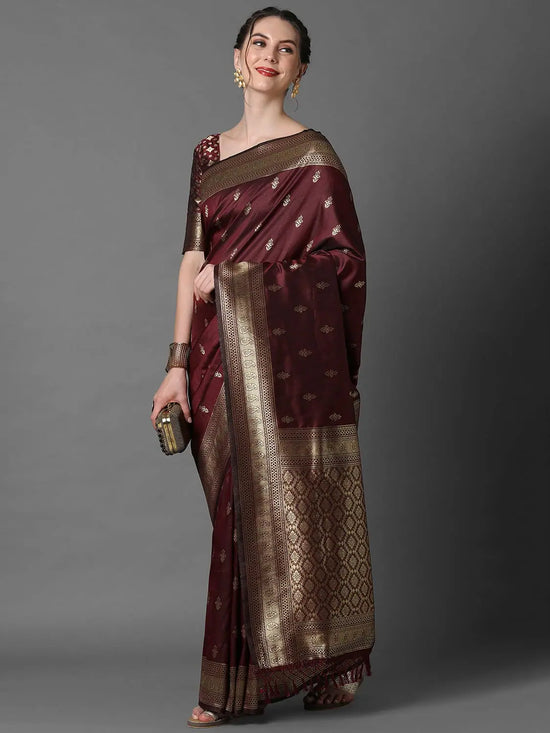 Refined Sareemall Brown Festive Silk Blend Woven Design Saree With Unstitched Blouse