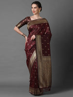 Refined Sareemall Brown Festive Silk Blend Woven Design Saree With Unstitched Blouse