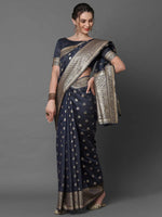 Sparkling Sareemall Navy Blue Festive Silk Blend Woven Design Saree With Unstitched Blouse