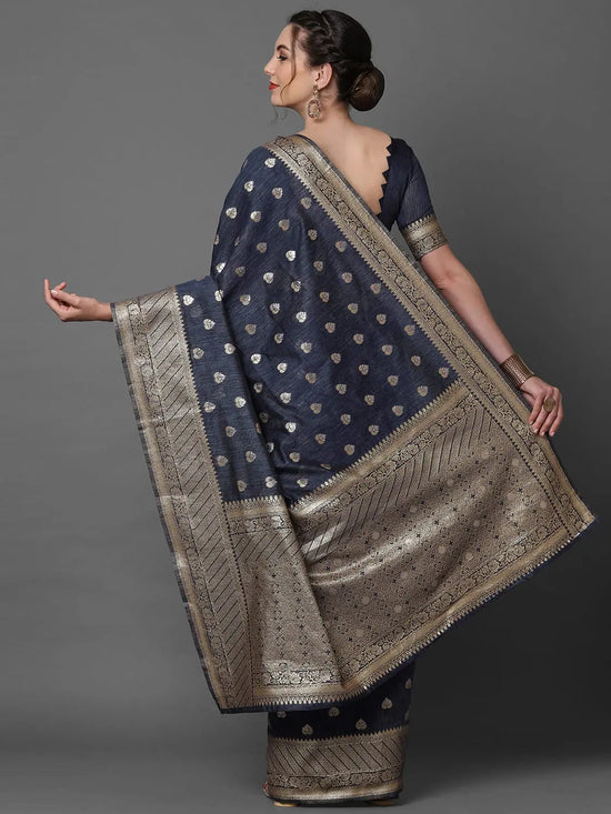 Sparkling Sareemall Navy Blue Festive Silk Blend Woven Design Saree With Unstitched Blouse