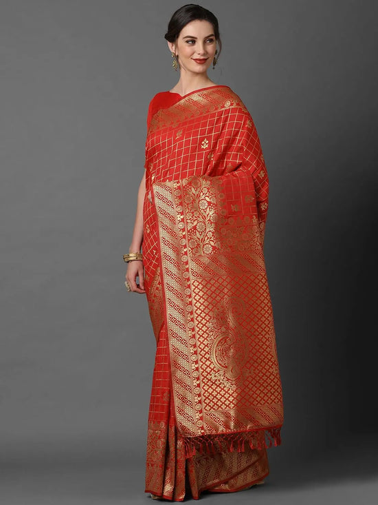 Incredible Sareemall Red Festive Silk Blend Woven Design Saree With Unstitched Blouse