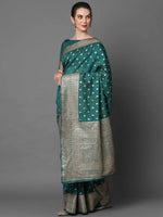 Weaving Sareemall Teal Blue Festive Silk Blend Woven Design Saree With Unstitched Blouse