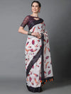 Sareemall White Casual Linen Printed Saree With Unstitched Blouse