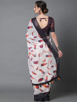 Sareemall White Casual Linen Printed Saree With Unstitched Blouse