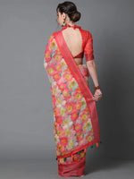 Sareemall Peach Casual Linen Printed Saree With Unstitched Blouse