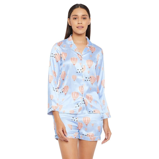 Women Light Blue Printed Shirt and Shorts Night Suit