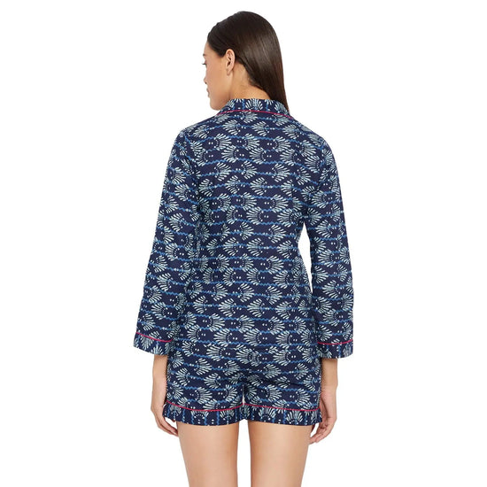 Women Navy Blue & Grey Printed Shirt and Shorts Night Suit