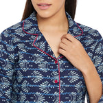 Women Navy Blue & Grey Printed Shirt and Shorts Night Suit