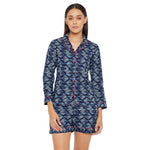 Women Navy Blue & Grey Printed Shirt and Shorts Night Suit