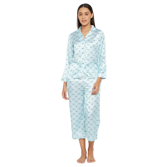 Women Light Blue Printed Shirt and Pyjama Night Suit