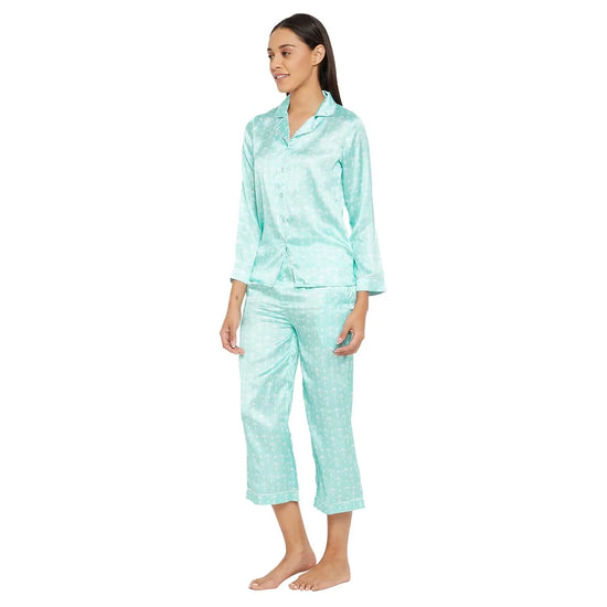 Women Aquamarine Printed Shirt and Pyjama Night Suit