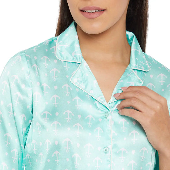 Women Aquamarine Printed Shirt and Pyjama Night Suit