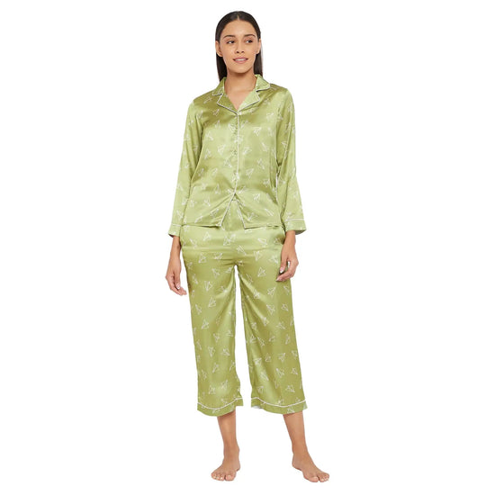 Women Lime Green Printed Shirt and Pyjama Night Suit