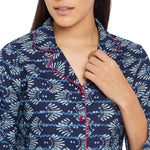 Women Navy Blue & Grey Printed Shirt and Pyjama Night Suit