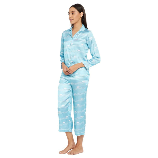 Women Sky Blue Printed Shirt and Pyjama Night Suit