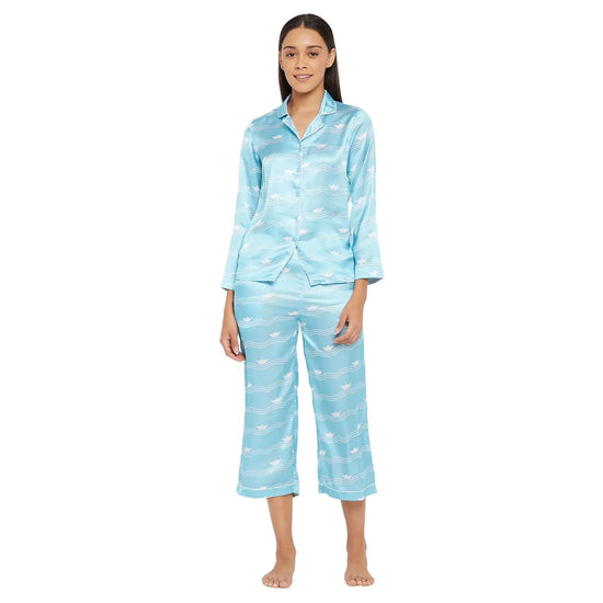 Women Sky Blue Printed Shirt and Pyjama Night Suit