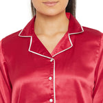 Women Red Satin Finish Solid Night Suit