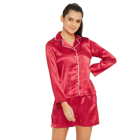 Women Red Satin Finish Solid Night Suit