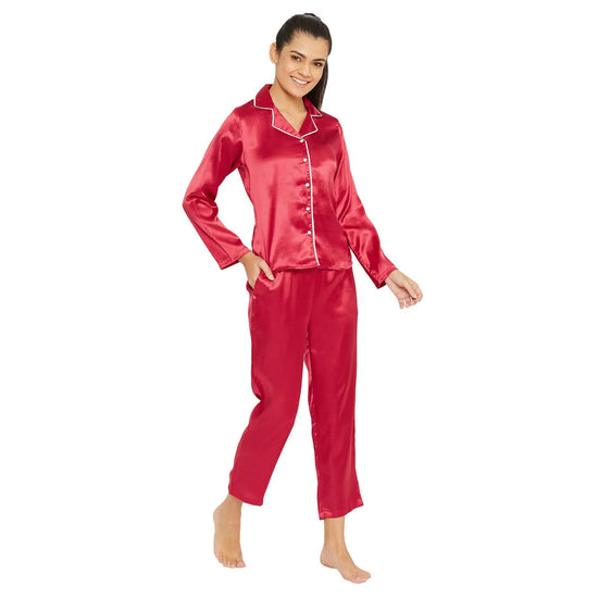 Women Blossom Red Satin Finish Solid Night Suit