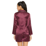 Women Wine Satin Finish Solid Shorts Night Suit