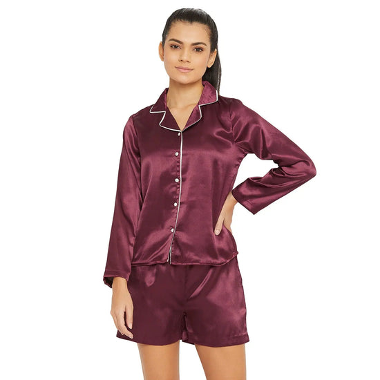 Women Wine Satin Finish Solid Shorts Night Suit