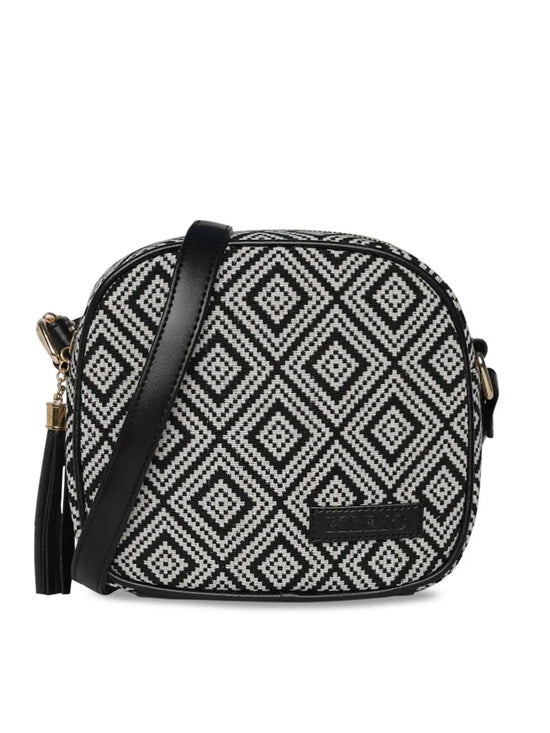 KLEIO Womens' Cross Body Jacquard Sling Bag For Girls (HO8034KL-BLSQR)(BLACK SQUARE)