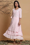 Juniper Pink Cotton Mirror Work Layered Kurta Dress With Mask