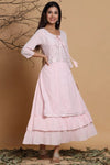 Juniper Pink Cotton Mirror Work Layered Kurta Dress With Mask