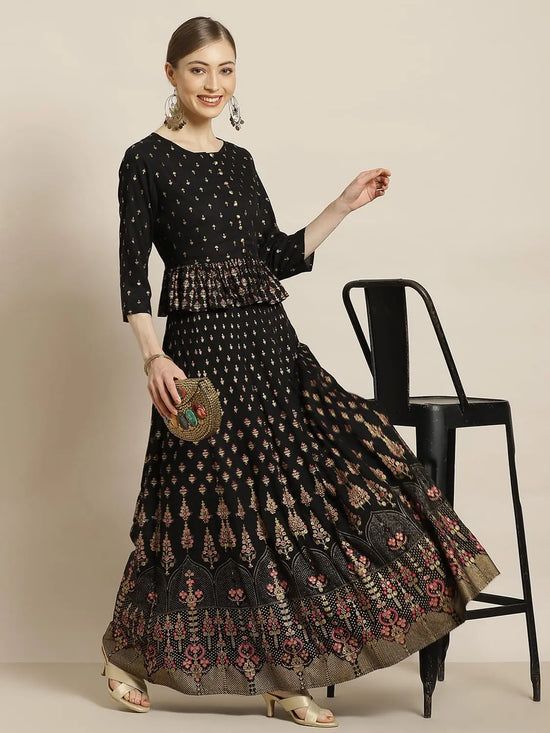 Juniper Black Rayon & Cambric Printed Peplum Lehenga Choli Sets