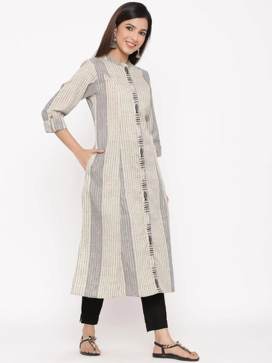 Juniper Beige Cotton Dobby Self Design A-Line Kurta