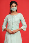 Juniper Sagegreen Cotton Mirror Work Layered Kurta Dress With Mask