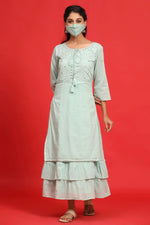 Juniper Sagegreen Cotton Mirror Work Layered Kurta Dress With Mask