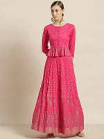 Juniper Fuschia Rayon & Cambric Printed Peplum Lehenga Choli Sets