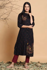 Juniper Black Rayon Slub Ikat Print A-Line Kurta With Mask