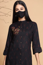 Juniper Black Rayon Slub Ikat Print A-Line Kurta With Mask