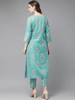 Juniper Blue Rayon Slub Printed A-Line Kurta Pant Set