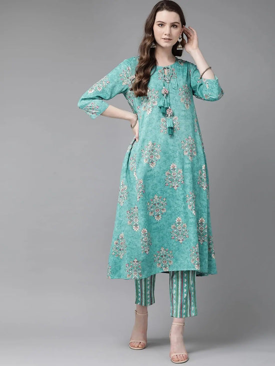 Juniper Blue Rayon Slub Printed A-Line Kurta Pant Set