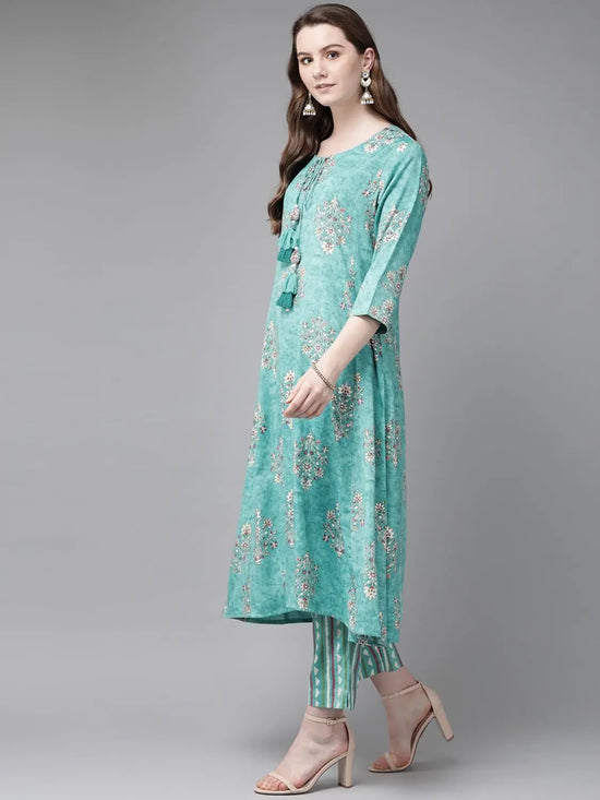 Juniper Blue Rayon Slub Printed A-Line Kurta Pant Set