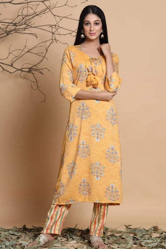 Juniper Mustard Rayon Slub Printed Asymmetric Kurta Pant Set With Mask