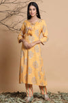 Juniper Mustard Rayon Slub Printed Asymmetric Kurta Pant Set With Mask