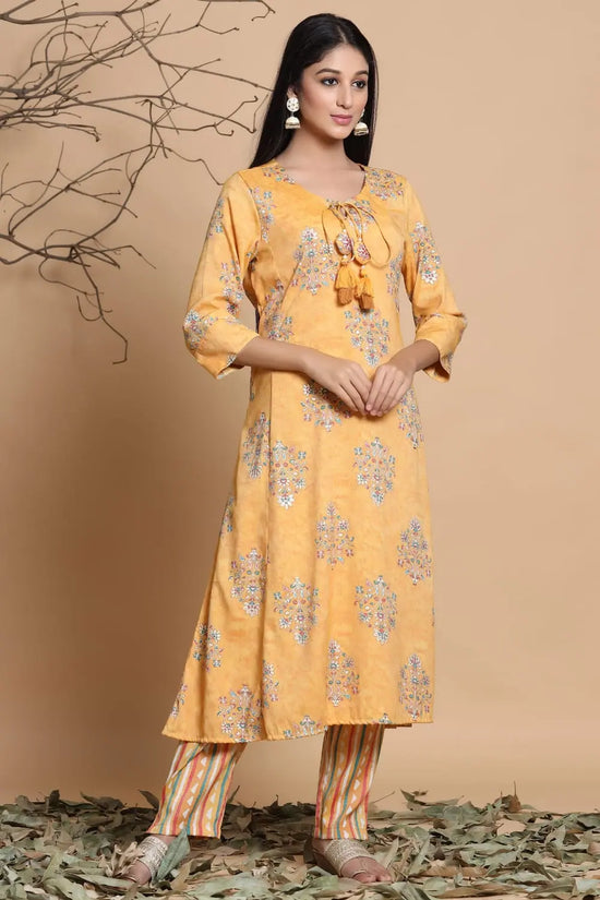 Juniper Mustard Rayon Slub Printed Asymmetric Kurta Pant Set With Mask