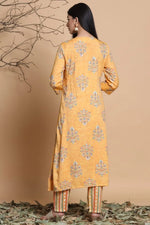 Juniper Mustard Rayon Slub Printed Asymmetric Kurta Pant Set With Mask