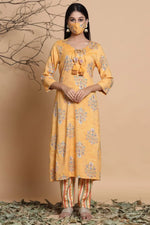 Juniper Mustard Rayon Slub Printed Asymmetric Kurta Pant Set With Mask