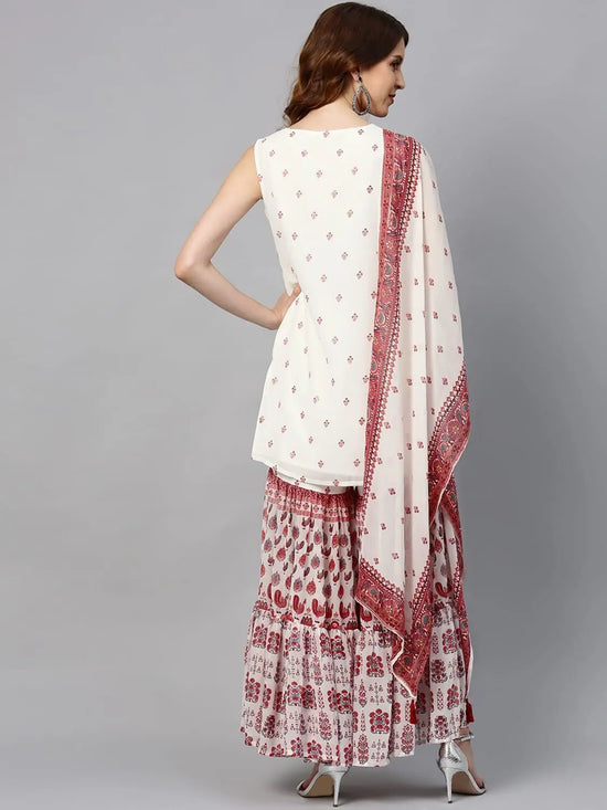 Juniper Maroon Georgette Printed Straight Kurta Sharara Dupatta Set